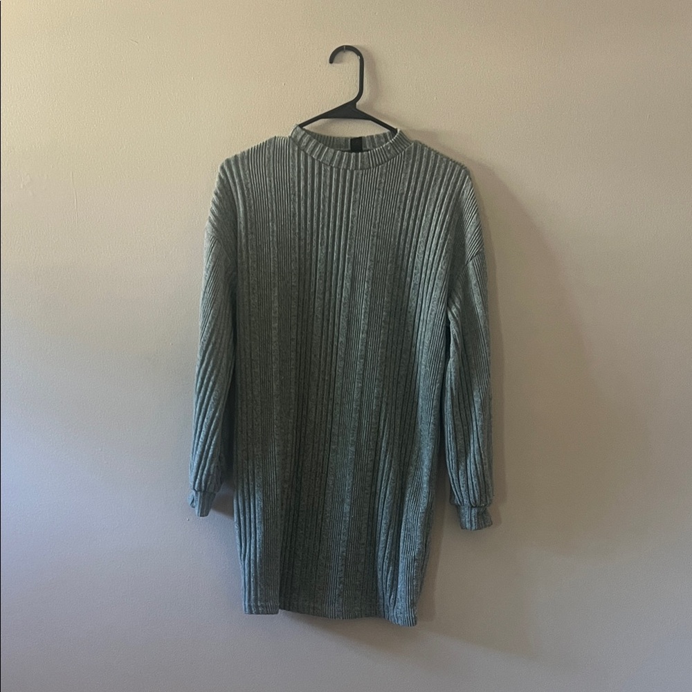 Gray Green Ribbed Knit Sweater Dress